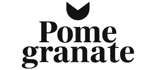Pomegranate logo – Serif text with a pomegranate icon.