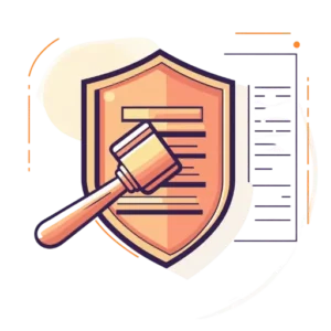 Illustration of a shield with a document and a gavel overlay, symbolizing legal protection and enforcement, in a modern, minimalist style with orange and gold tones.