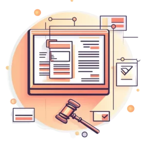 Modern illustration of a tablet displaying documents, connected to smaller forms and checklists, with a gavel at the bottom, symbolizing digital legal services and content protection.