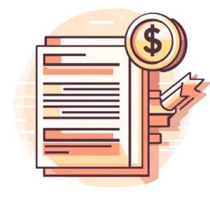 Vector icon of a legal contract with a dollar sign coin and a gavel, symbolizing financial compensation from legal enforcement and rights management.