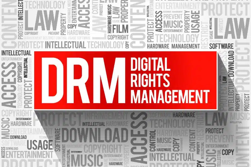 DRM Digital Rights Management concept with red banner and keywords like copyright, access, and law, representing protection of online content from unauthorized AI and media use.