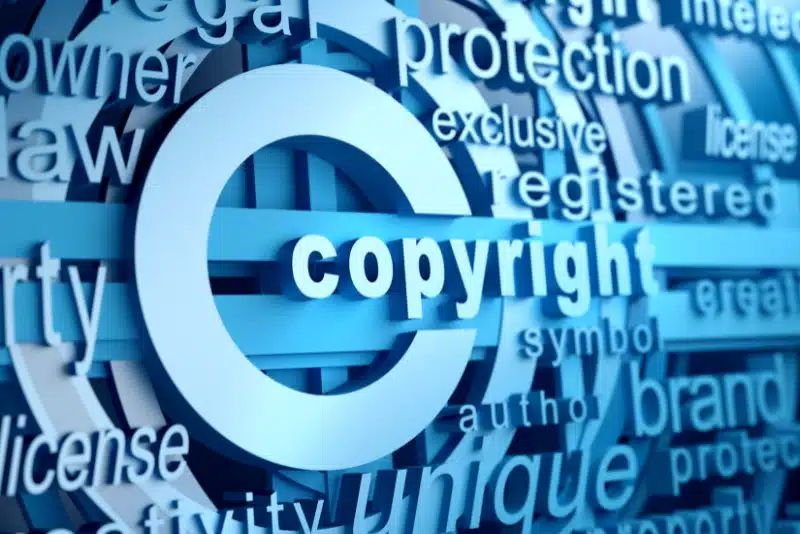 3D copyright symbol surrounded by related legal terms like protection, license, exclusive, and registered—visual metaphor for digital rights and copyright enforcement in the AI era, 2025.